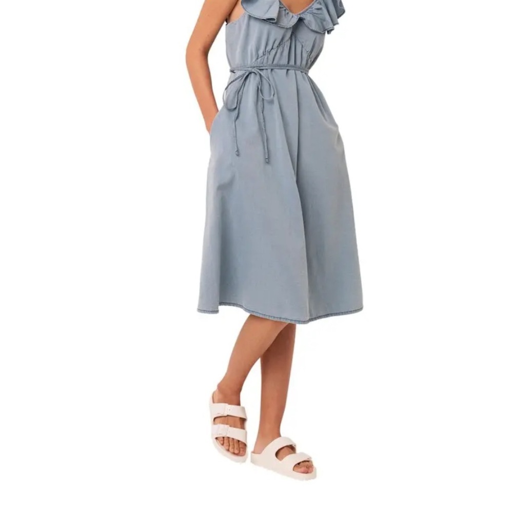 French Connection Chambray Ruffle Dress – Size 0 | Light Blue Jean